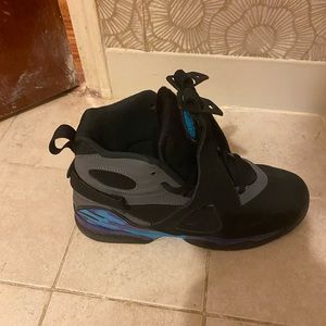 “Aquas” Jordans 8 black, gray, purple, blue size 6y great condition unisex w/box